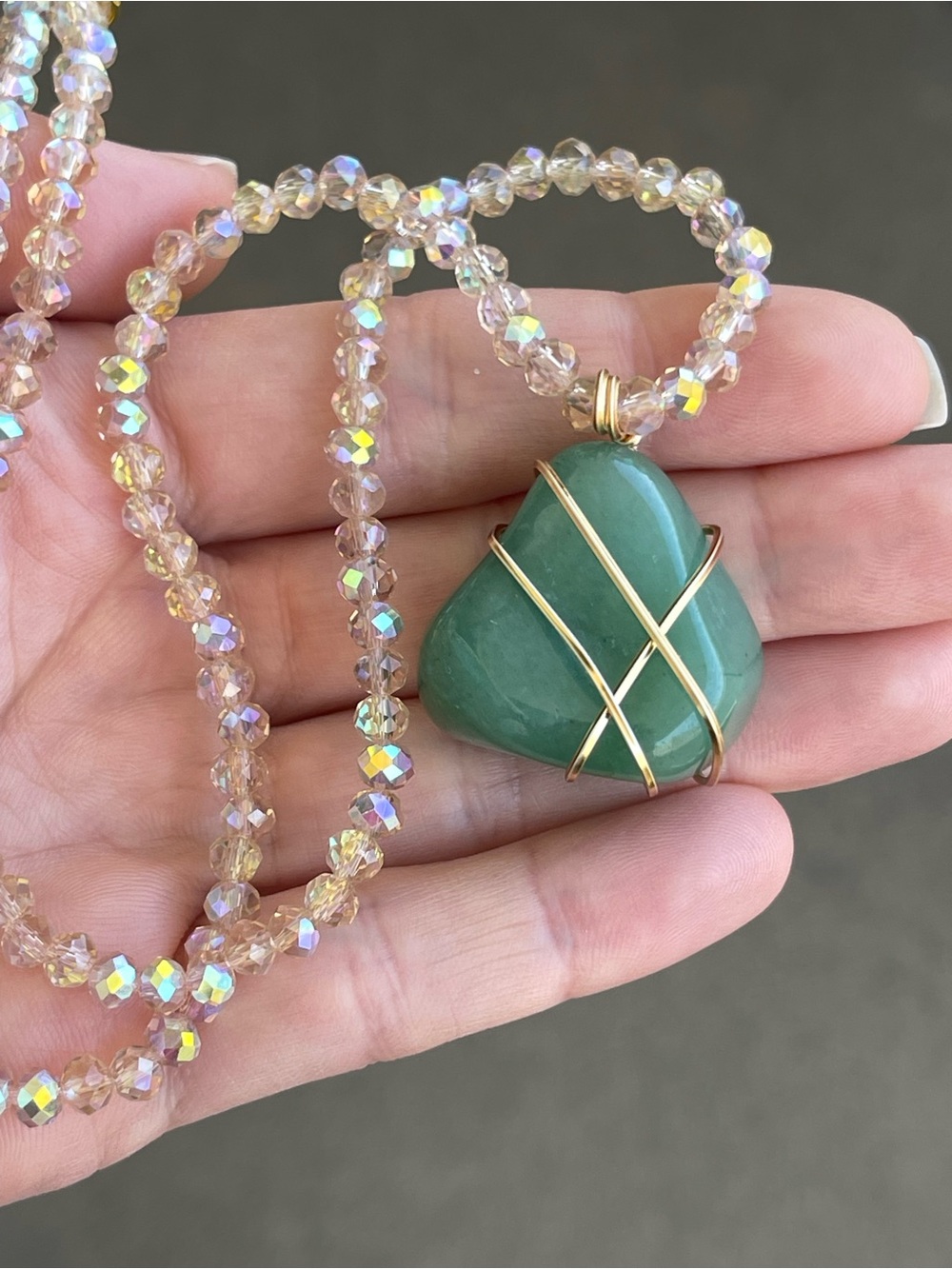 Green Aventurine Necklace Gold Wire Wrap on Champagne Glass Beads